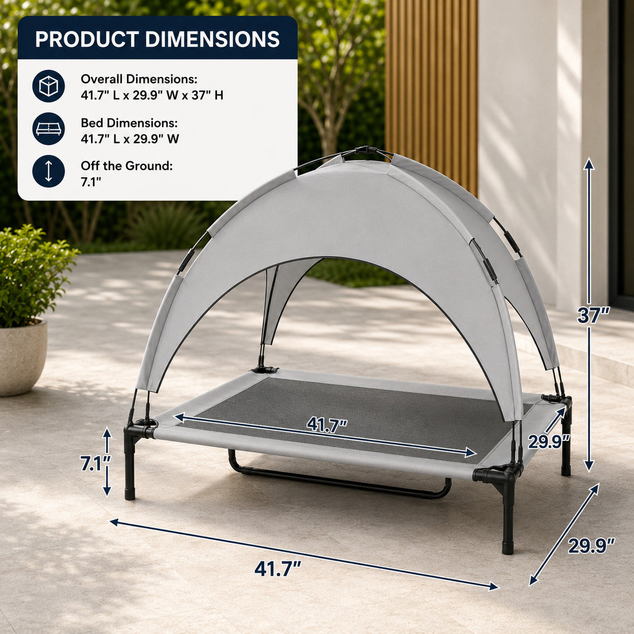Large Elevated Cooling Dog Bed with Shade Canopy, 42 inch