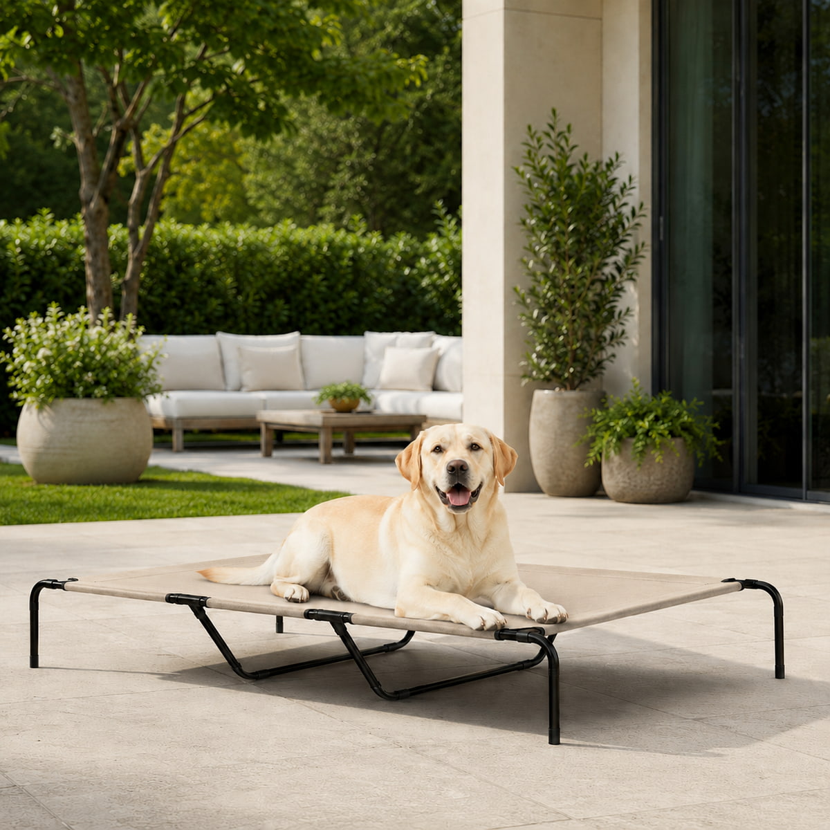 Dog lying on a pet bed outdoors with a modern patio in the background