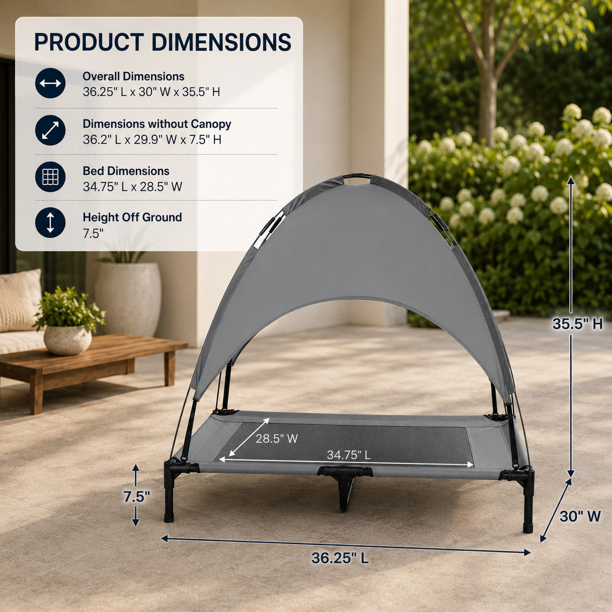 Elevated Cooling Dog Bed with Removable Shade Canopy, 36 inch